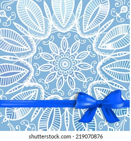 Ethnic vintage banner with bowl. Mandhala design. Winter blue theme. Vector illustration