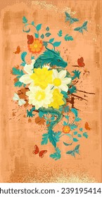 ethnic vintage banner with floral swirl pattern and blue green dragon surrounded by yellow and white flowers and flying butterflies. fantasy creature against brown grunge background with splash