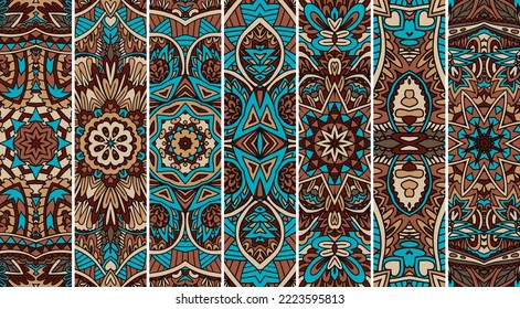 Ethnic vintage banner pattern set with pastel color print design. Geometric pattern bookmark Boho theme indian psychedelic print.