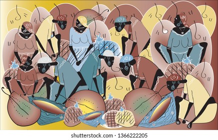 Ethnic  vintage colorful background with African black people with jugs and fruits. Perfect for screen background, site backdrop, wrapping paper, wallpaper, textile and surface design