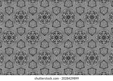 Patrón decorativo étnico vintage, fondo geométrico, arabesco. Ornamento oriental, asiático, indonesio, mexicano, azteca.Blanco negro de plantilla para arte, pintura, diseño, textiles. 