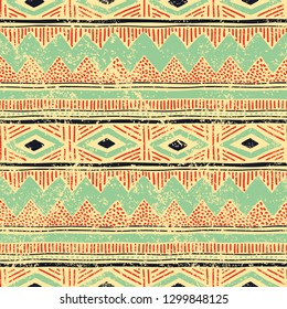 Ethnic vintage seamless pattern. Striped hand-drawn background. Grunge texture. Aztec and tribal motifs. Vector illustration.