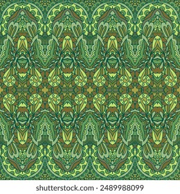 Ethnic vintage textile indian psychedelic print. Geometric doodle art ethnic seamless design tiled pattern. Damask green print background