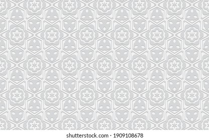 Ethnic volumetric convex white pattern. Embossed geometric background for presentations, wallpapers, websites.