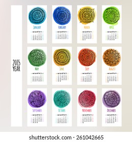 Ethnic watercolor calendar 2015 year design, English, Sunday start
