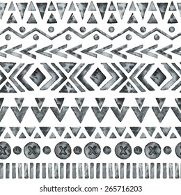 Ethnic watercolor seamless pattern. Fashion aztec geometric background. Hand drawn monochrome pattern. Modern abstract wallpaper. Vector illustration.