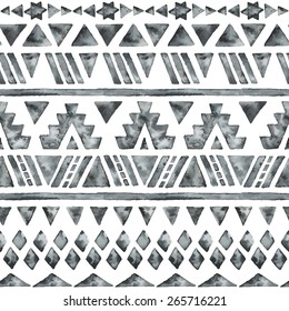 Ethnic watercolor seamless pattern. Fashion aztec geometric background. Hand drawn monochrome pattern. Modern abstract wallpaper. Vector illustration.