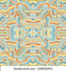 Ethnic waves ornamental seamless patterns. Wavy geometric abstract vivid coloring book illustration. Asian whimsical pattern fill for desctop wallpaper, greeting card, web page, desktop background.