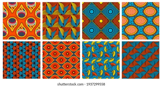 Ethnic wax textile pattern. African abstract wax seamless ornaments vector background illustration set. Vibrant colours decorative fabric texture