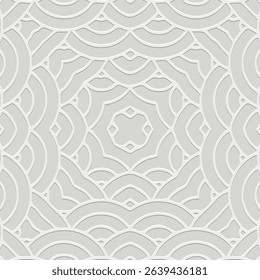 Ethnic white background, cover design, banner, wallpaper. Geometric openwork 3D pattern, art deco. Abstraction. Relief ornaments, arabesques, mandala, fresco of the East, Asia, India, Mexico, Aztec.