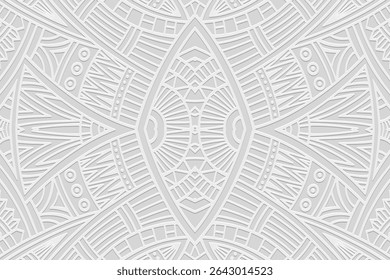 Ethnic white background, cover design, banner, wallpaper. Geometric creative 3D pattern, embossing. Exotic ornaments, arabesques, mandala, fresco of the East, Asia, India, Mexico, Aztec, Peru.