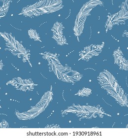 Ethnic White Feather Seamless Pattern. Hand Drawn Tribal Feathers Boho Style on Blue Background