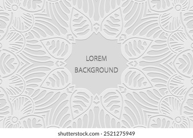 Fundo lorem branco étnico, design de capa tribal, banner. Padrão 3D texturizado geométrico, em alto-relevo, inserir para texto. Ornamentos, arabescos, mandala do Oriente, Ásia, Índia, México, Asteca, Peru.