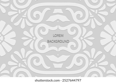 Fundo de lorem ipsum branco étnico, design de capa tribal, banner. Padrão 3D decorativo geométrico, em relevo, colocar para texto. Ornamentos do Oriente, Ásia, Índia, Mexicoin o estilo de boho artístico.