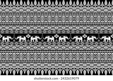 Ethnic White Thai Elephant Seamless Pattern on Black Background.  Vector Illustration for fabric, textile, carpet, tile, wrapping, wallpaper and background