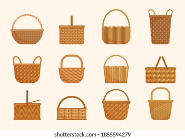 Ethnic wicker baskets set. Large volumes and small basket for berries yellow knapsacks in decorative tracery traditional straw products rustic retro designs ethnic texture. Cartoon vector.