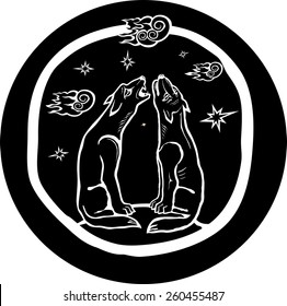 Ethnic wolfs totem with stars. Black and white style. Vector illustration.