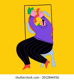 Ethnic woman collects pieces of geometric shapes. Business creativity and strategy concept. The creative process at work. Innovation and research in the office. Trendy flat textured character