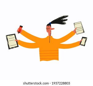 Ethnic Woman With Multiple Hands Holding Phone, Documents And Marker. Multitasking And Deadline Concept. Work Stress Metaphor. The Assistant Performs Many Tasks. Trendy Flat Textured Vector Character.