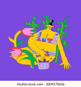 ethnic woman sits on the ground in leaves and flowers.restoration of the spirit in nature.Work life balance.Meditation, harmony and holistic health.Childish Hand Drawn Colorful 70s.