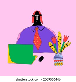 ethnic woman in the workplace. Office with laptop and vase of flowers. Work life balance and Body Representation. Childish hand drawn style with stroke. Retro 70s vibe