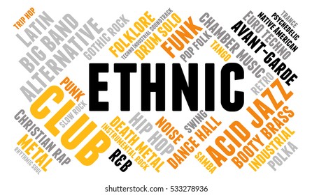 Ethnic. Word cloud, type font, white background. Musical styles.