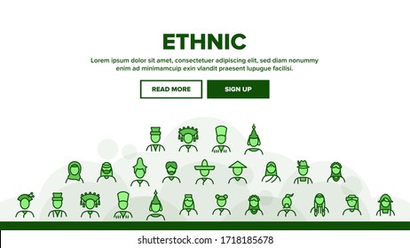 Ethnic World People Landing Web Page Header Banner Template Vector. Chinese And Indian, Cossack And Kazakh, Indian And Japanese, Georgian And Arab Ethnic Human Illustration
