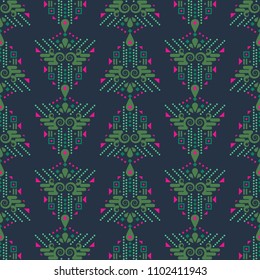 Ethnic xmas eve boho green and blue geometric seamless vector pattern. Geometric shapes and dots aztec christmas abstract repeat background for print materials and cards.