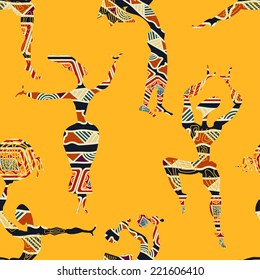 Ethnic yellow seamless texture with figures of dancing people. Vector illustration