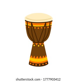 Ethnical colorful drum vector illustration. Brazilian or African beat musical instrument isolated on white background. Traditional tribal equipment for music playing. Craft wooden sound reproducer