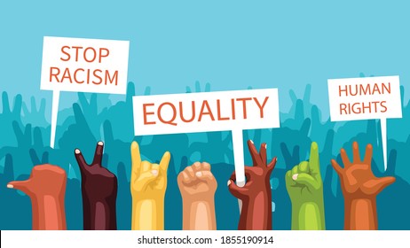 ethnical diversity in huge crowd with banners