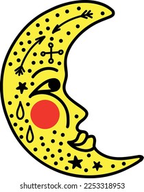 Luna étnica con una cara adorable. La inusitada luna de un doodle moderno. Ilustración del vector