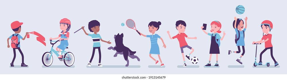Ethnically Diverse Children Playing Sport, Games Outdoor. Group Of Happy Kids Enjoy Open Air Activities, Have Relaxing And Enjoyable Summer Time On Holidays. Vector Creative Stylized Illustration