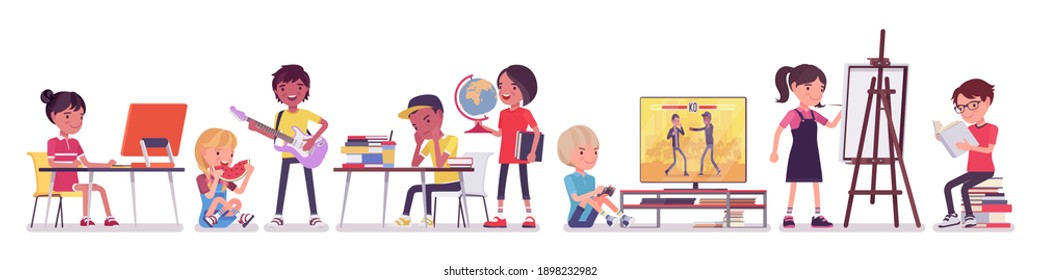 Ethnically diverse children playing, studying, resting indoor. Group of happy kids busy performing arts, music, enjoy interests, practice and learn new skills. Vector flat style cartoon illustration