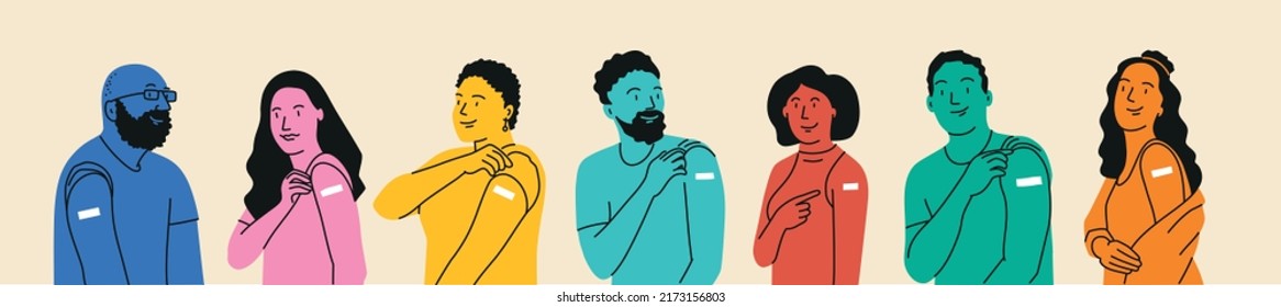 Ethnically diverse group of people showing their shoulders with band-aids on after getting a vaccine. Vector illustration.