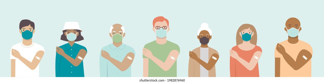 Ethnically Diverse And Mixed Age Group Of People Showing Their Shoulders With Band-aids On After Getting A Vaccine. Set Of Multiracial Characters. Team Vaccinated. Vaccination Campaign Concept. Vector