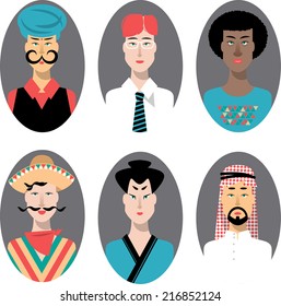 Ethnically/ racially /religiously diverse men. Set of icons. Vector illustration