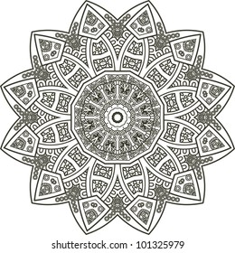 Ethnicity round ornament in black and white colors, mosaic vector illustration