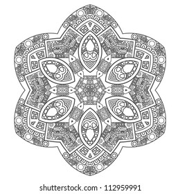 Ethnicity round ornament in black and white colors, mosaic vector illustration