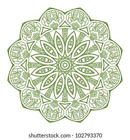Ethnicity round ornament in green and white colors, mosaic vector illustration