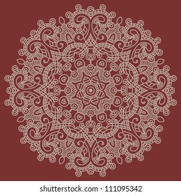 Ethnicity round ornament in red and white colors, floral ethnicity lace pattern,