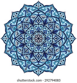 Ethnicity round pattern in blue colors. The element of folk ornament. Vintage colorful mandala.