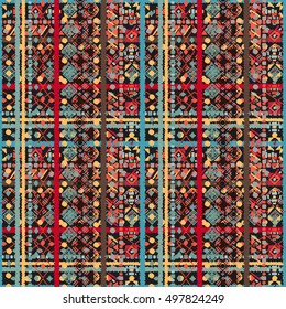 Ethnicity seamless pattern. Boho style. Plaid. Ethnic wallpaper. Tribal art print. Old abstract background texture
