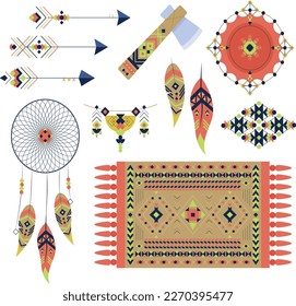 ethnic-ornaments-objects-flat-design. Vector carpet and rug with arrows