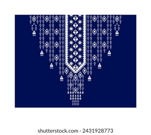 Ethnics  geometric design, white needle on blue blackground, embroidery decorsation for fabric, textile, collar shirt.