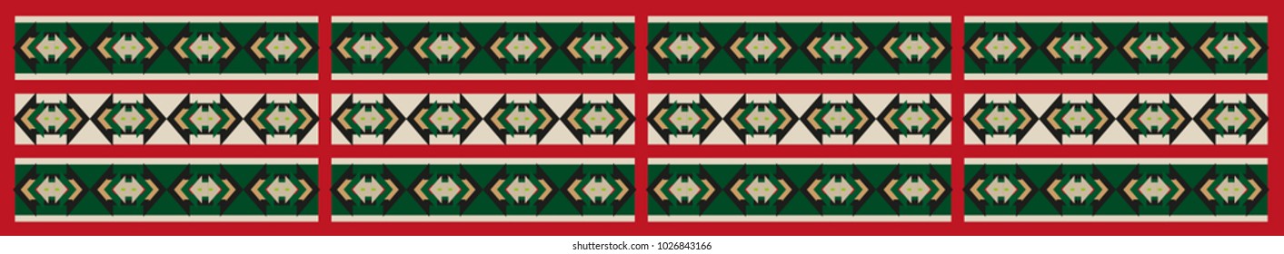 Ethno abstract geometric pattern banner, red green black and beoge colored