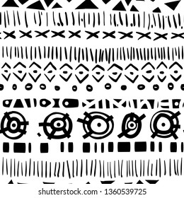 Ethno African seamless pattern. Doodle style. Black on white.