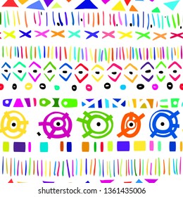 Ethno African seamless pattern. Doodle style. Colorful disco light in elements.