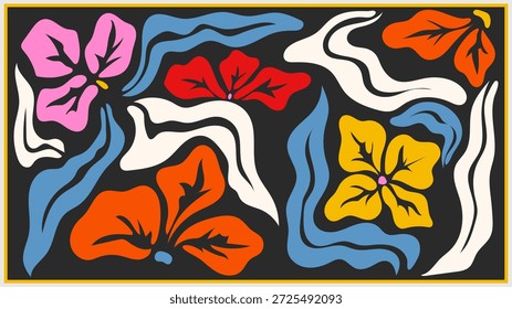 Ethno boho abstrakter Hintergrund mit Blumenmuster. Kräftiges, lebendiges abstraktes Blumenmuster. Moderne Vektorgrafik inspiriert von Matisse Ausschnitten, perfekt für textiles Design, T-Shirt-Print. Vektorausschnitt Naive Stil EPS10