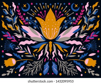 Ethno folk decorative floral ornament. Symmetry specular composition. Drawing abstract ornament.Vector illustration